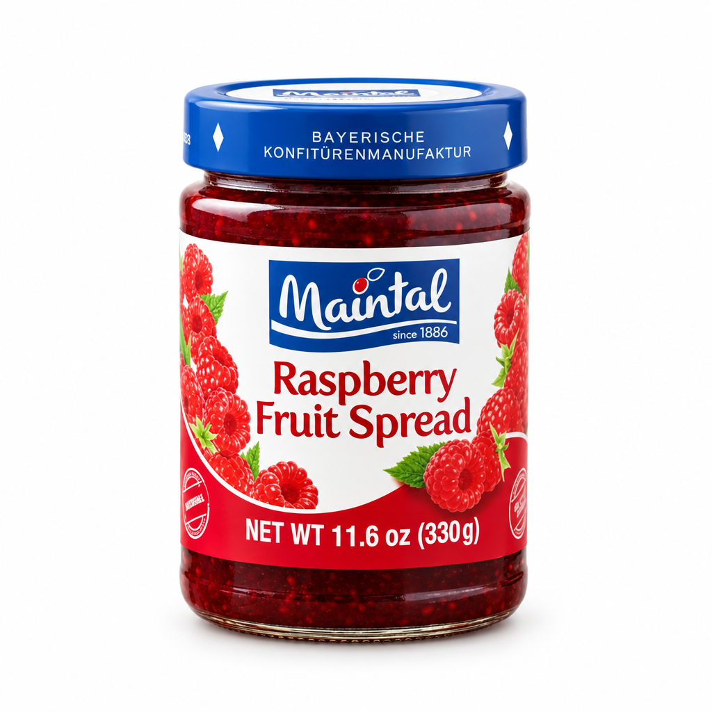 Maintal Raspberry Fruit Spread jar on a white background