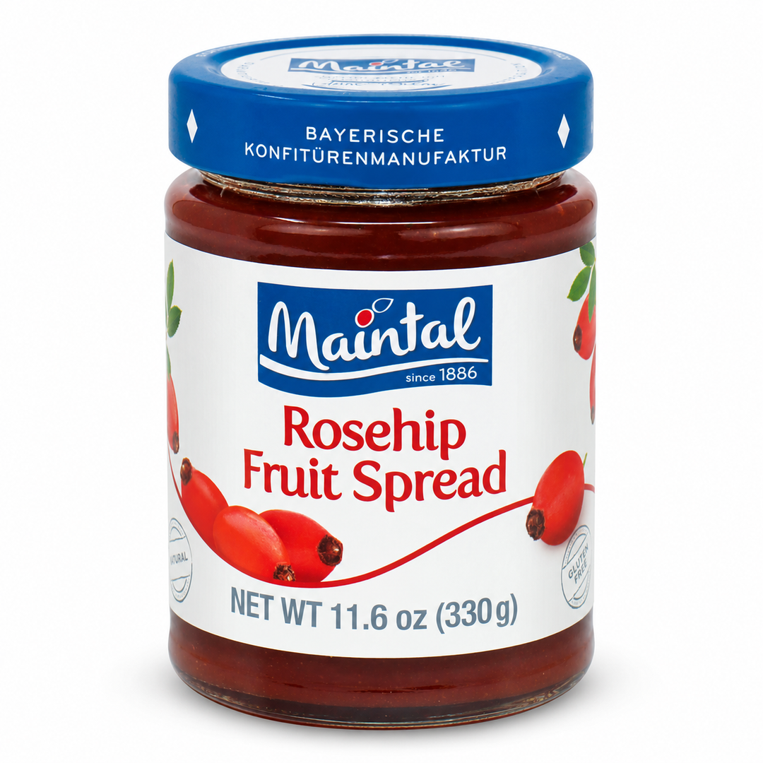 Maintal Rosehip Fruit Spread 330 g jar on a pure white background