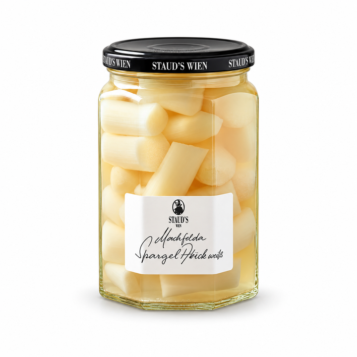 Staud's Marchfeld White Asparagus Pieces, 560 g jar, front view