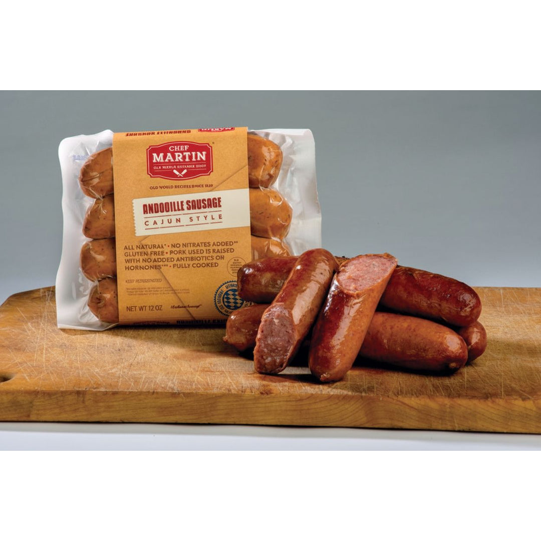 Packaged Chef Martin Andouille Sausage Cajun Style on a wooden cutting board with a gray background