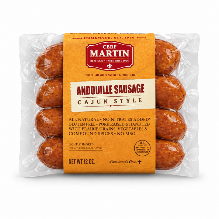 Chef Martin Andouille Cajun Style sausage package centered on a pure white background