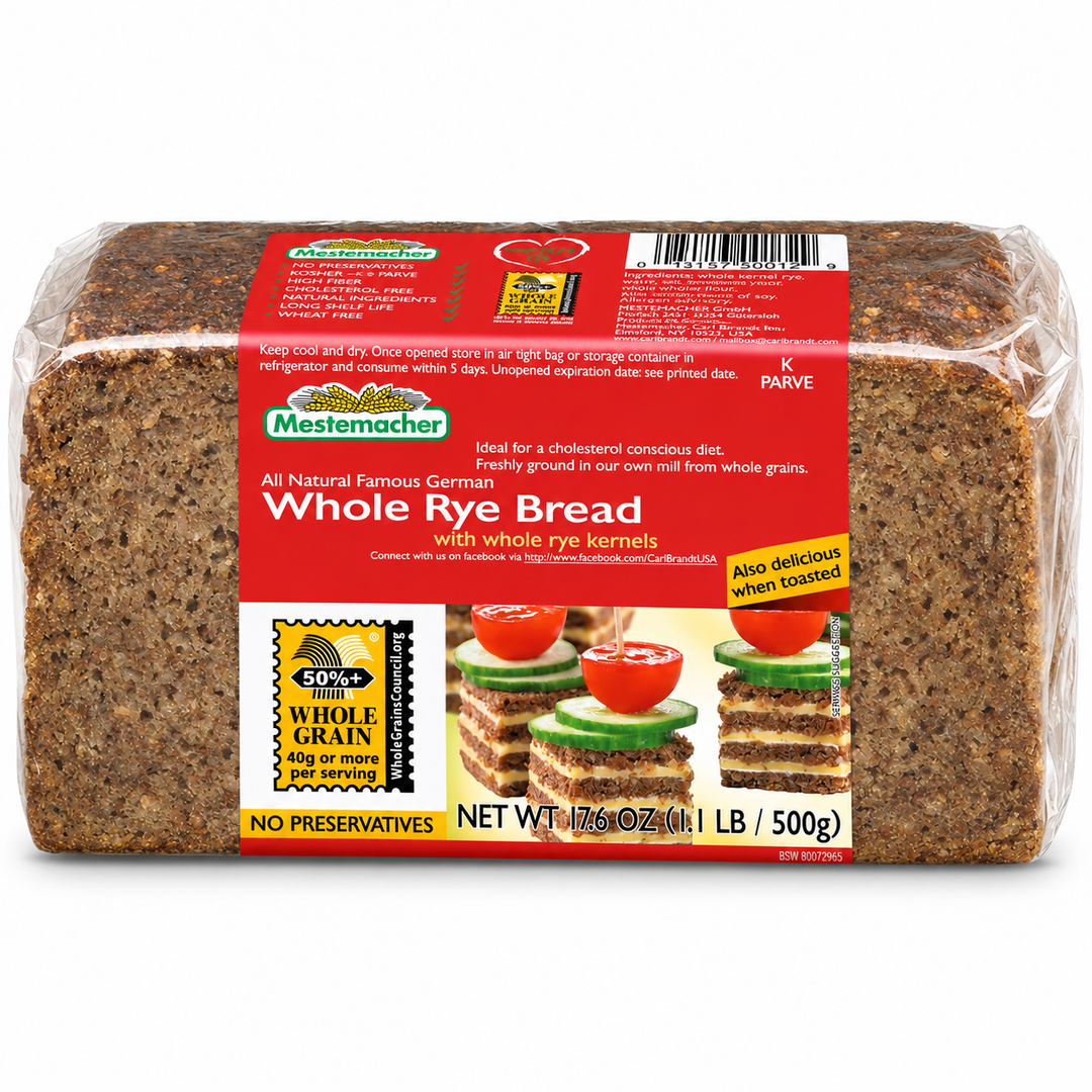 Mestemacher Whole Rye Bread, 500 g package, front view