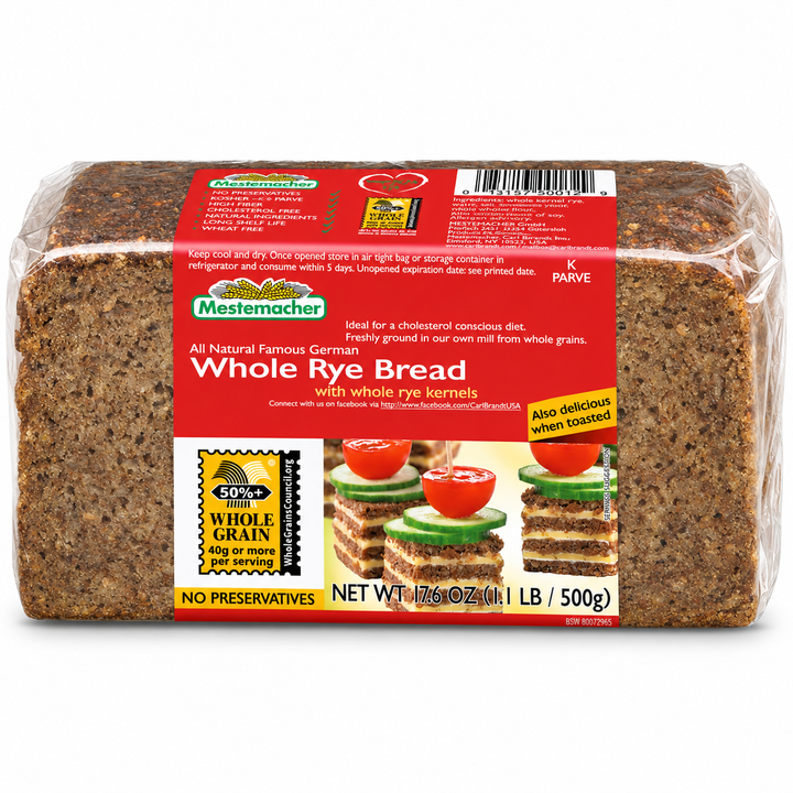 Mestemacher Whole Rye Bread, 500 g package, front view
