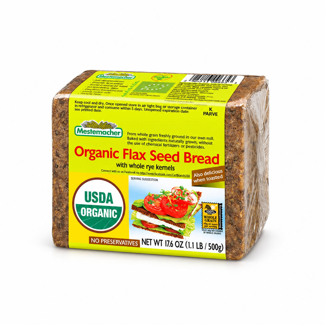 Mestemacher Organic Flax Seed Bread, 500 g package, front view