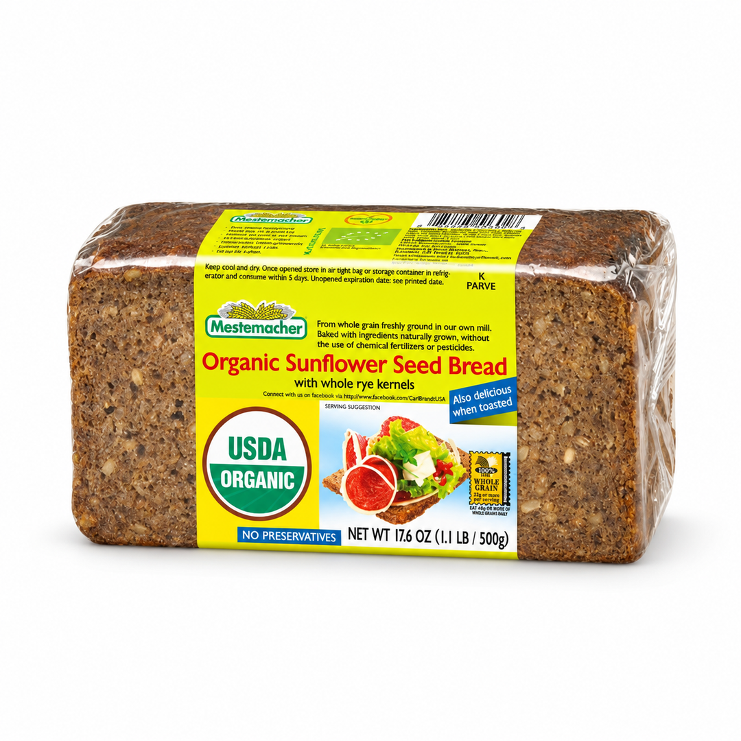 Mestemacher Organic Sunflower Seed Bread, 500 g package, front view