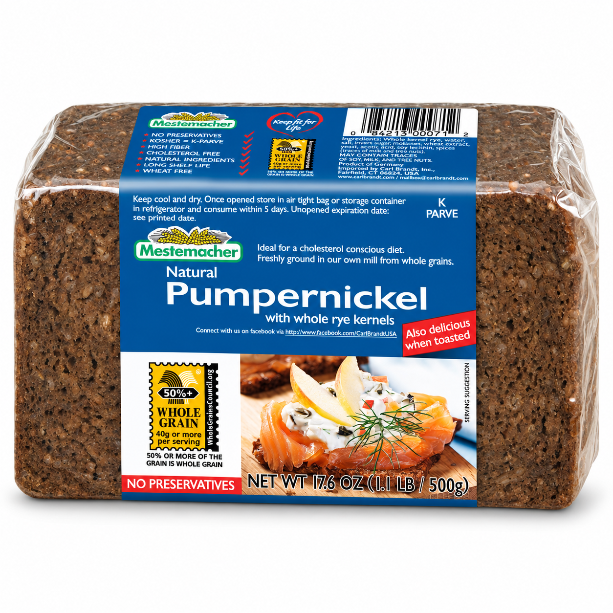 Mestemacher Pumpernickel Bread, 500 g package, front view