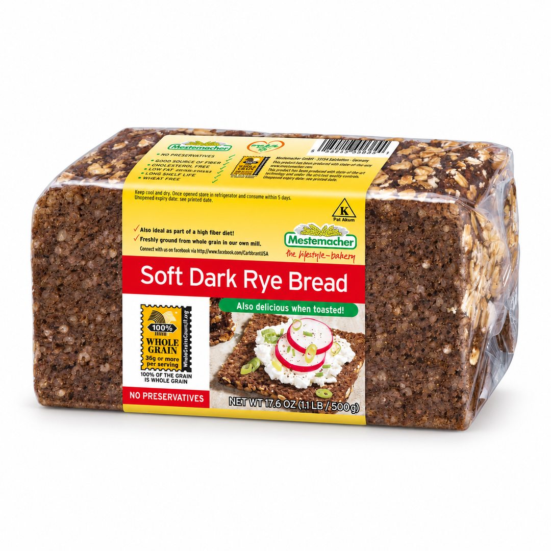Mestemacher Soft Dark Rye Bread 500 g package on white background