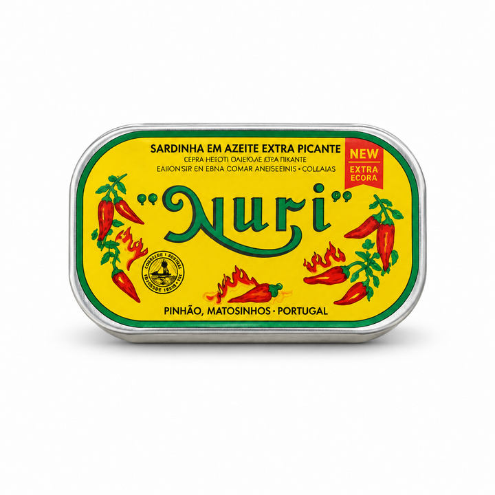 Nuri Extra Spiced Sardines in Olive Oil 125 g tin, front view