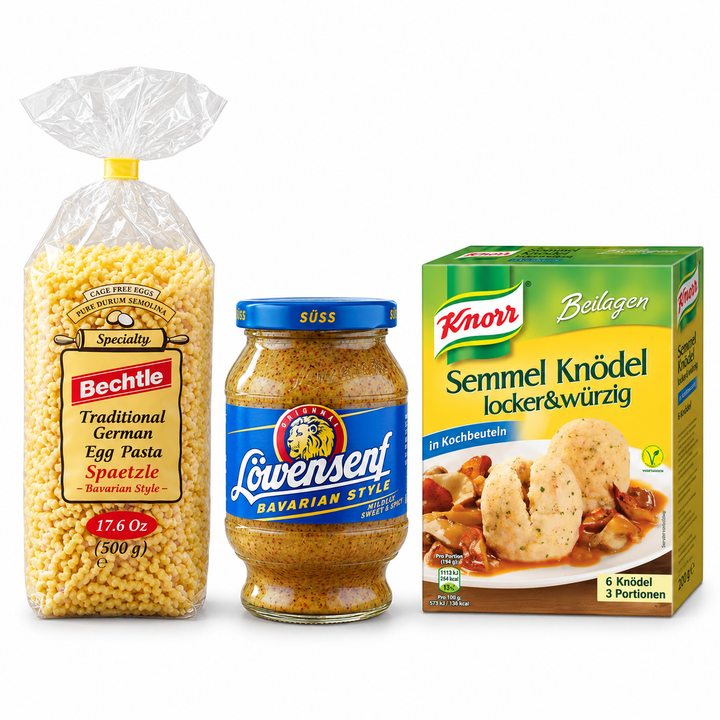 Oktoberfest Pantry Box with Bechtle Bavarian Spaetzle, Löwensenf Bavarian Sweet Mustard and Knorr bread dumplings on white