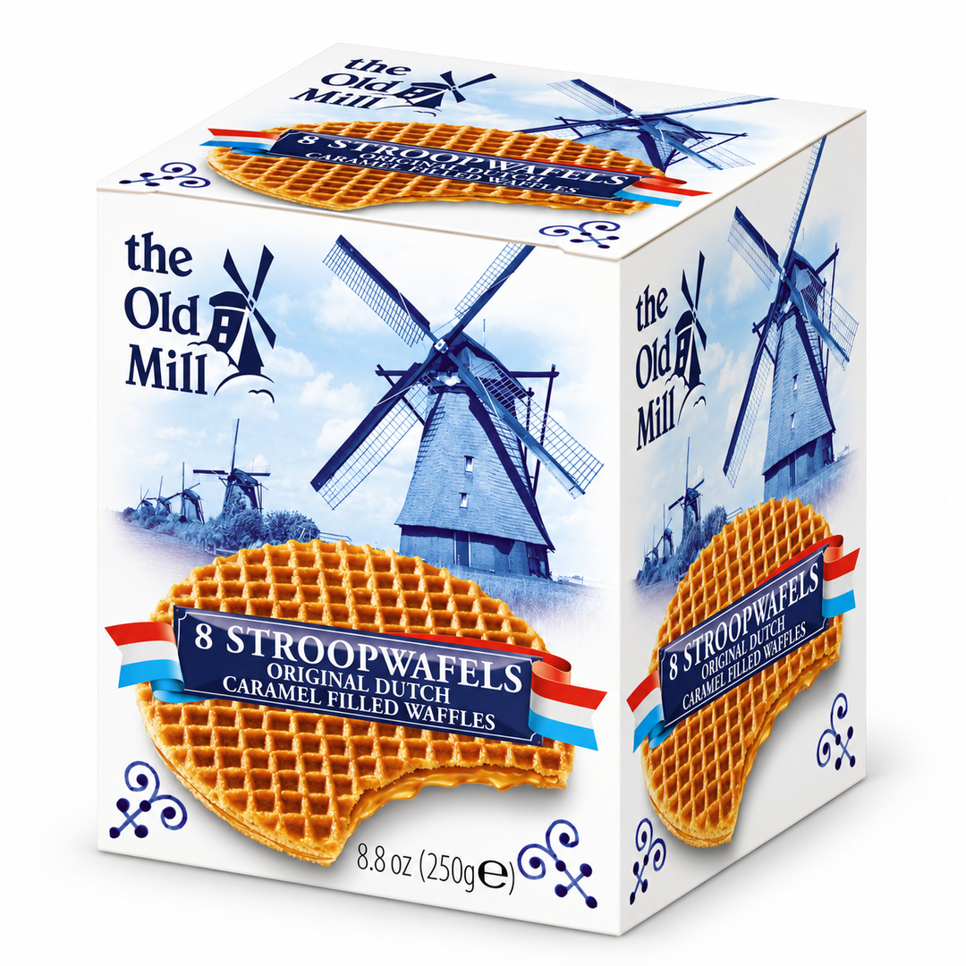 The Old Mill caramel stroopwafels, eight-count 250 g decorative box