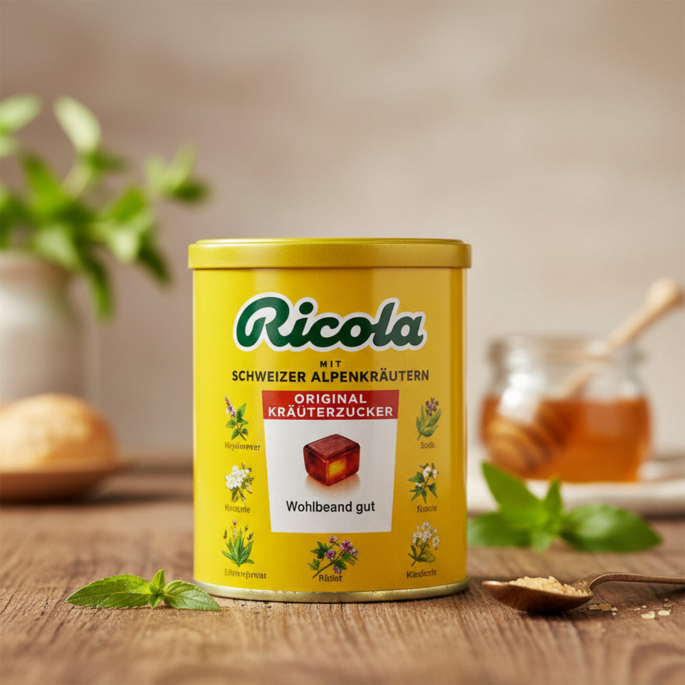 Ricola Original Kräuterzucker tin with honey and herbs on a wooden table