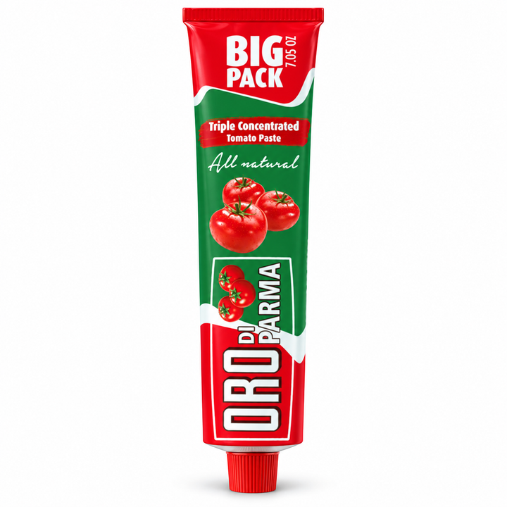 Oro di Parma Triple Concentrated Tomato Paste 7.05 oz tube on a pure white background