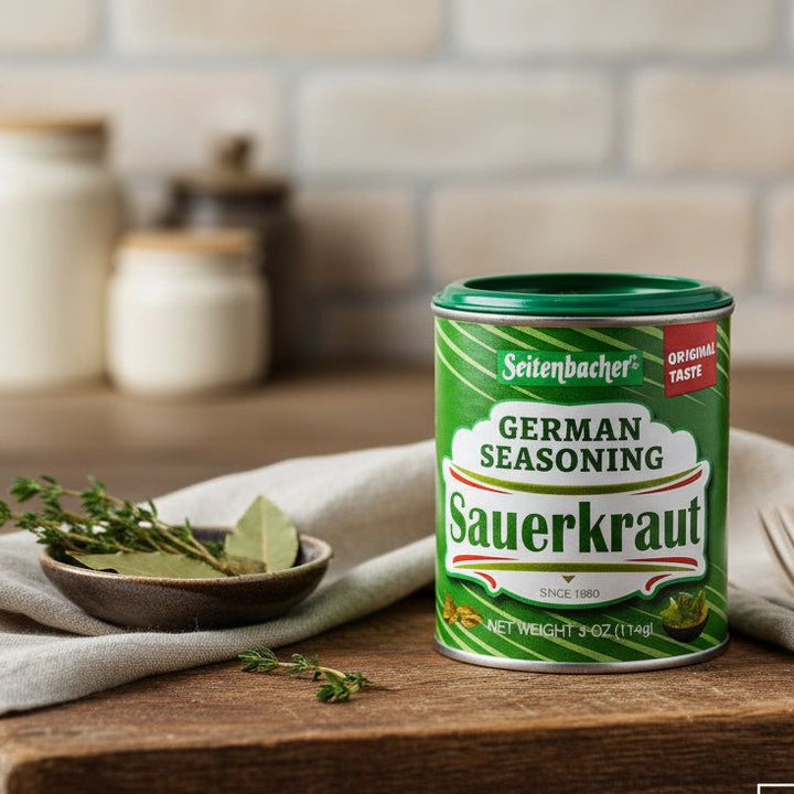 Seitenbacher gluten-free sauerkraut seasoning, 114 g canister on a kitchen counter