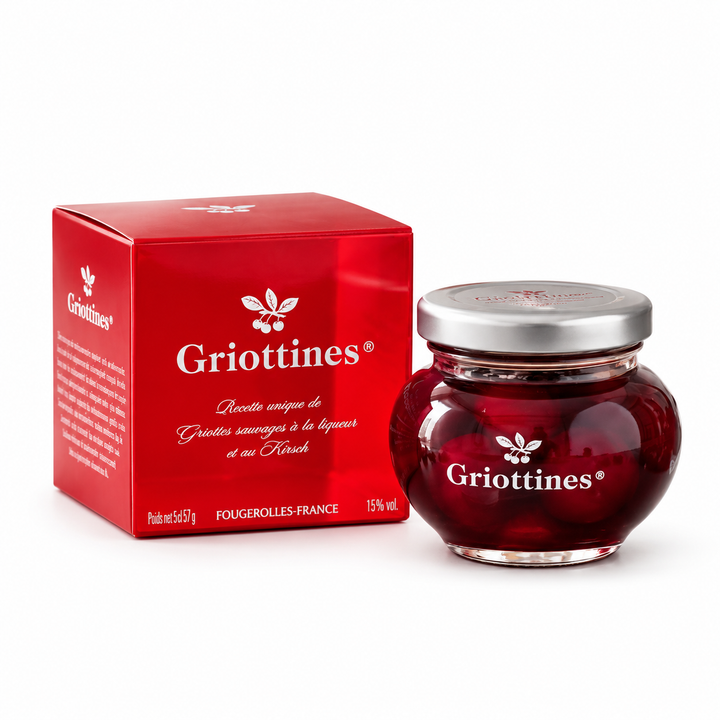Peureux Griottines Cherries in Liqueur in Gift Box product packaging centered on a white background
