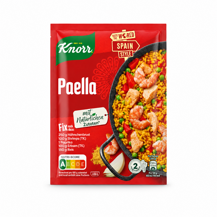 Knorr Fix Paella seasoning packet centered on a pure white background