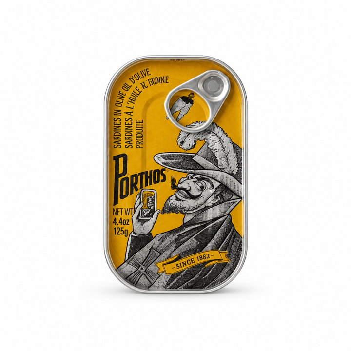 Porthos Sardines in Hot Tomato Sauce 125 g can on white