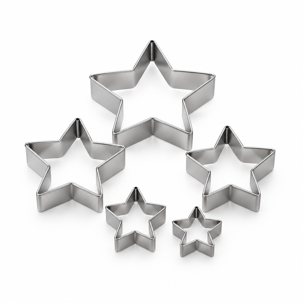 Fox Run five-piece star cookie cutter set centered on a pure white background