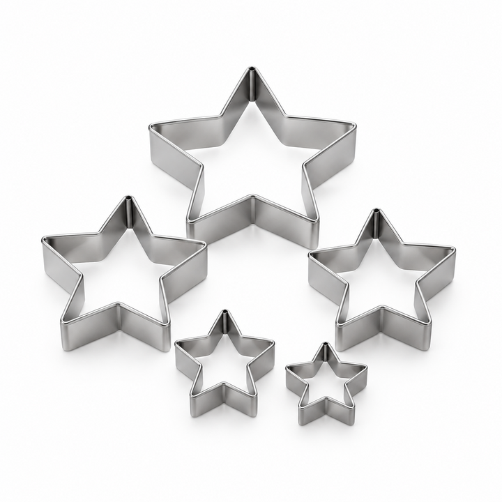 Fox Run five-piece star cookie cutter set centered on a pure white background