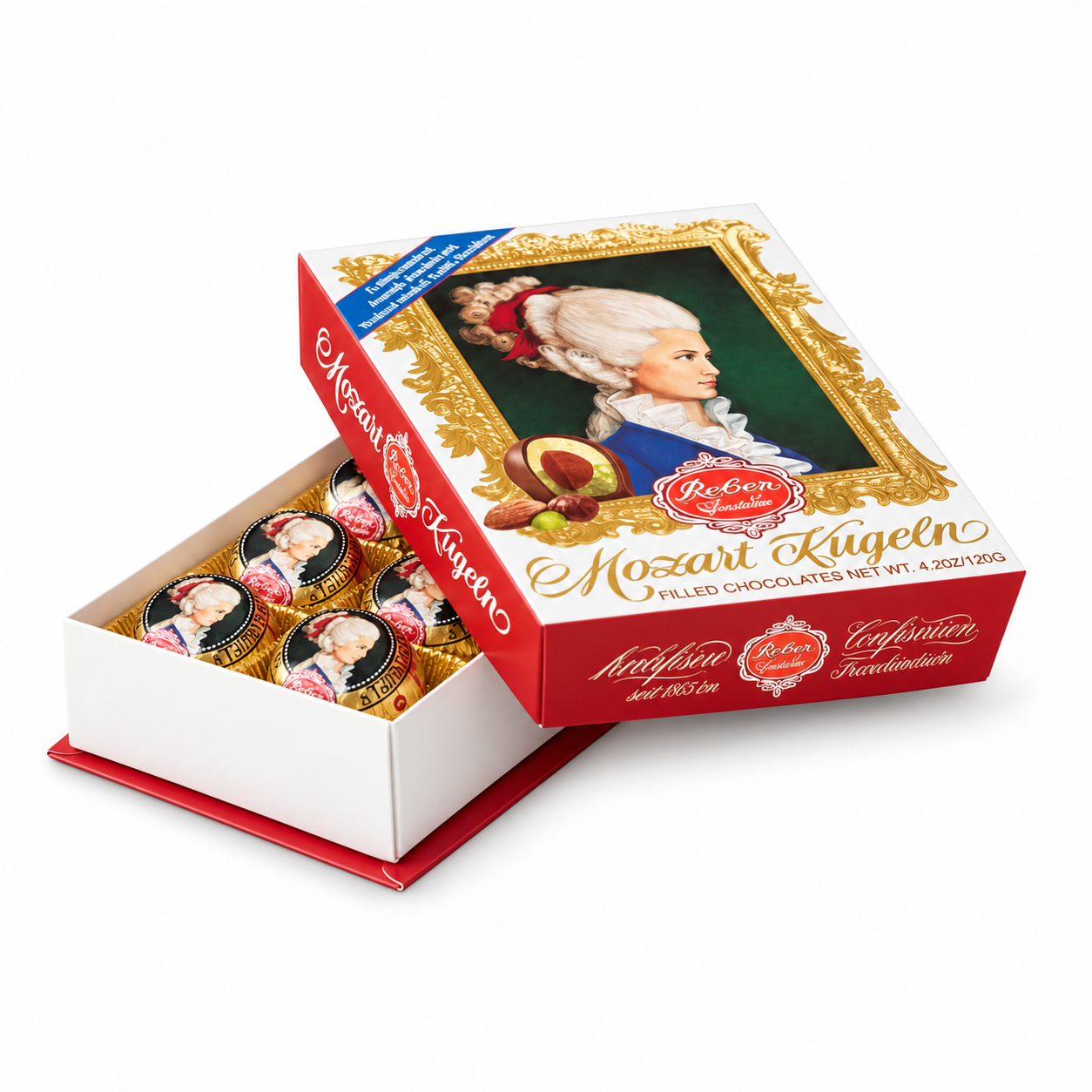 Reber Constance® Mozart-Kugeln, 6 pc. Portrait Box product packaging centered on a white background