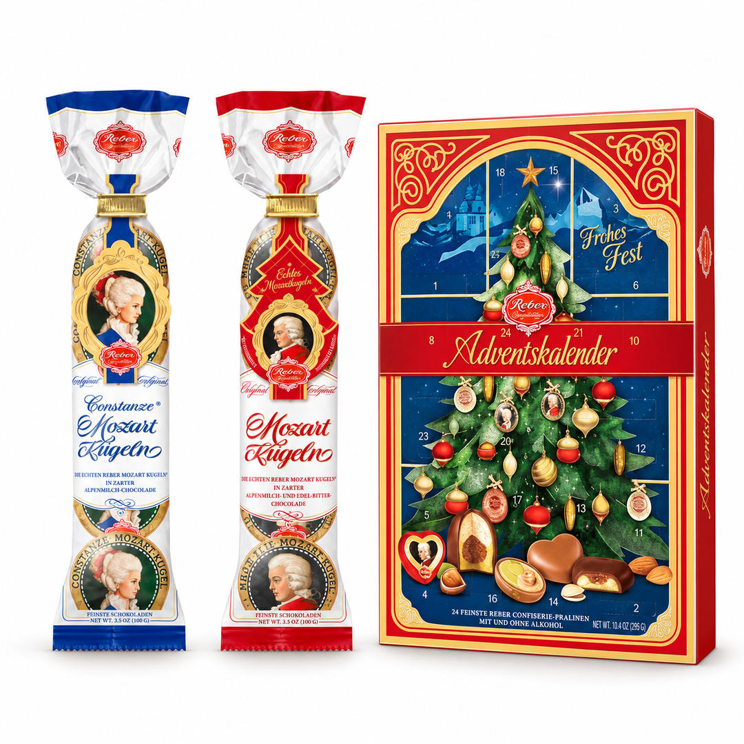 Reber Greatest Hits assortment with Constanze and classic Mozart Kugel bags and a 24-piece Advent calendar on white