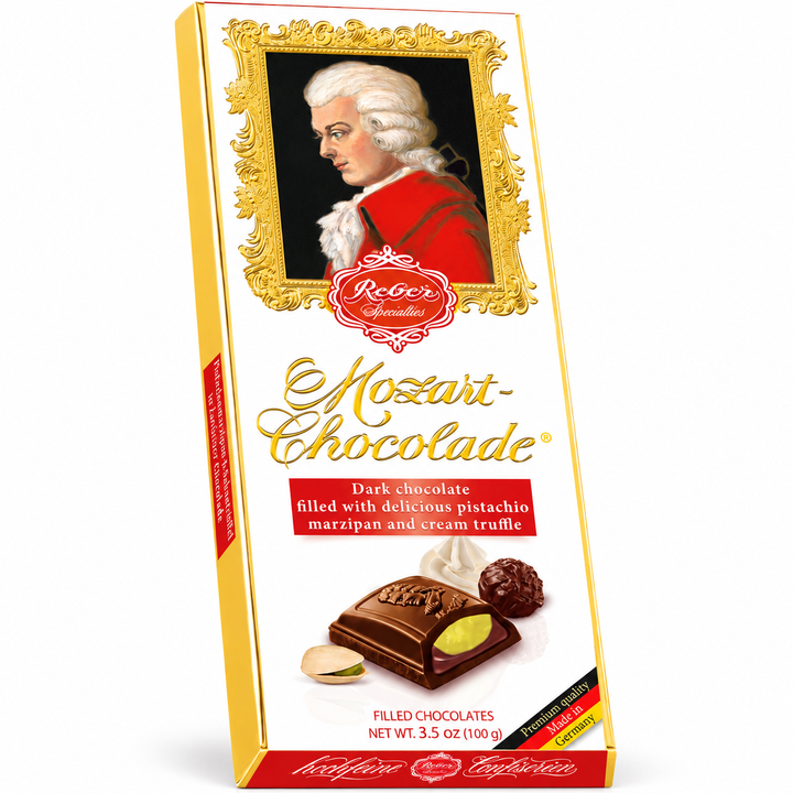 Reber Mozart Dark Chocolate Bar 100 g on a pure white background