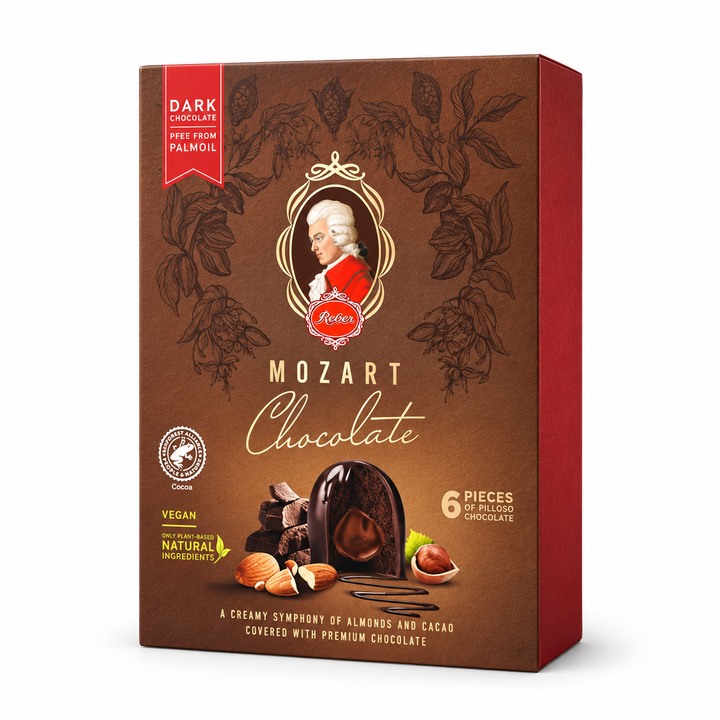 Reber Mozart dark chocolate Kugeln six-piece 120 g portrait box