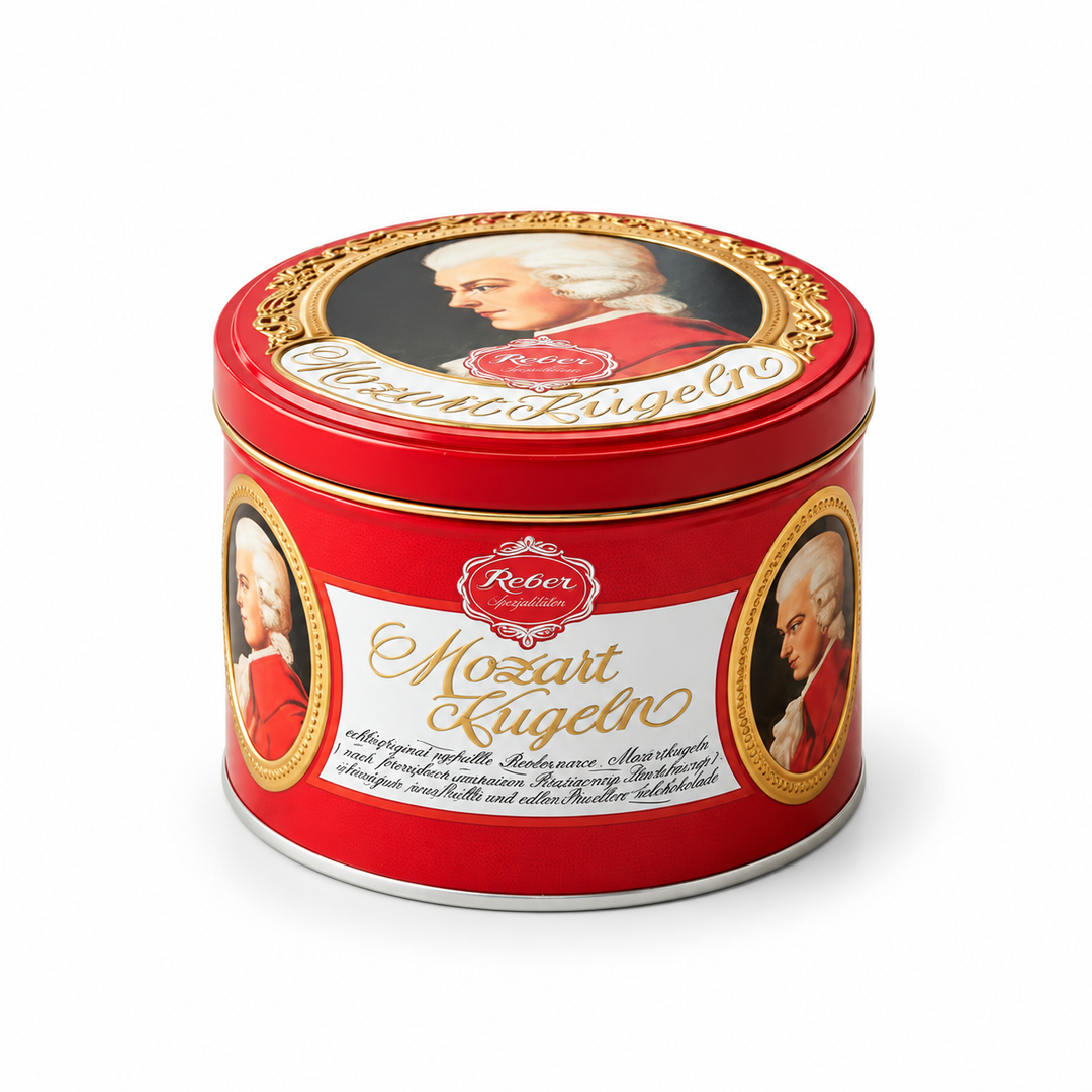 Reber Mozart Kugel in Round Tin product packaging centered on a white background