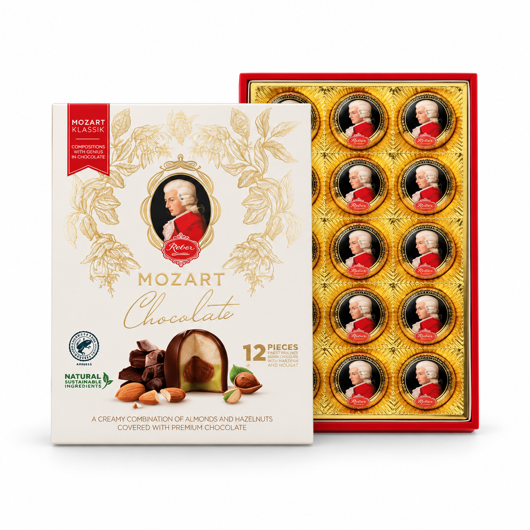 Reber Mozart Kugel, 12 pc. Portrait Box product packaging centered on a white background