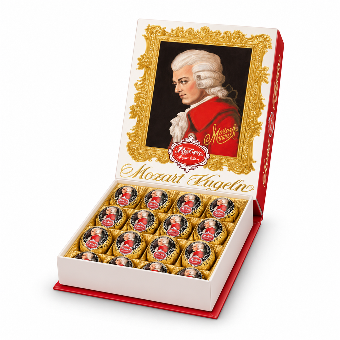Reber Mozart Kugel, 20 pc. Portrait Box product packaging centered on a white background