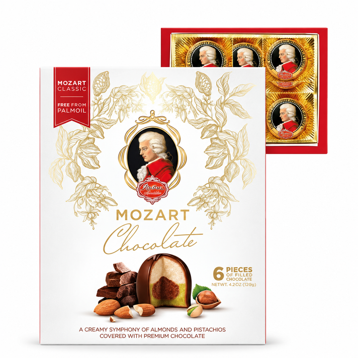 Reber Mozart Kugel, 6 pc. Portrait Box product packaging centered on a white background