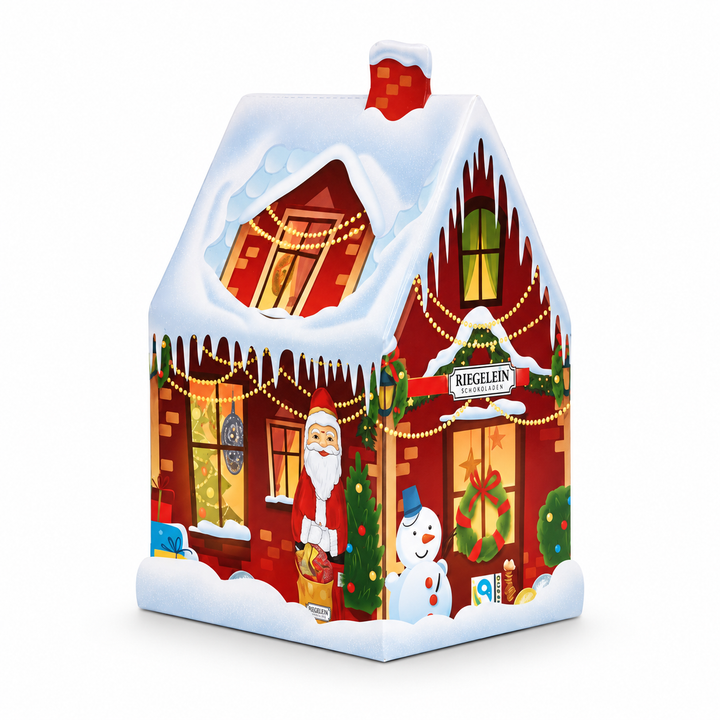 Riegelein Christmas House with Assorted Chocolate Treats centered on a pure white background