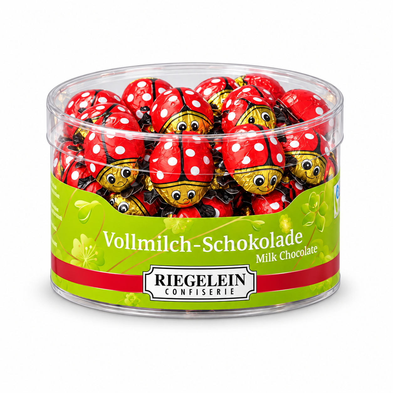 Riegelein 45-piece milk chocolate ladybug drum on a white background