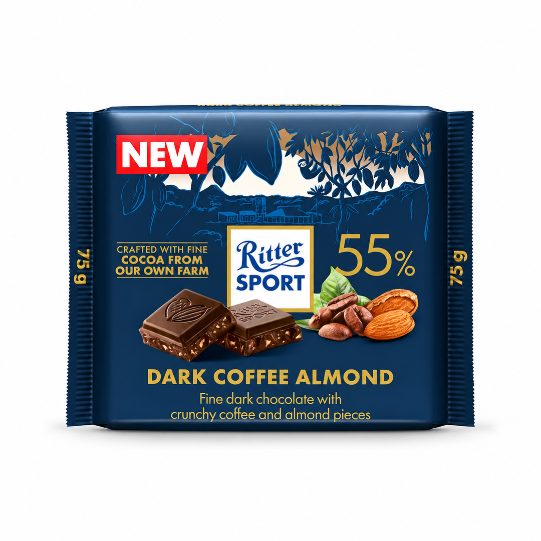 Ritter Sport Fine Cocoa 55% Dark Chocolate with Coffee & Almond - 75g centered on a pure white background