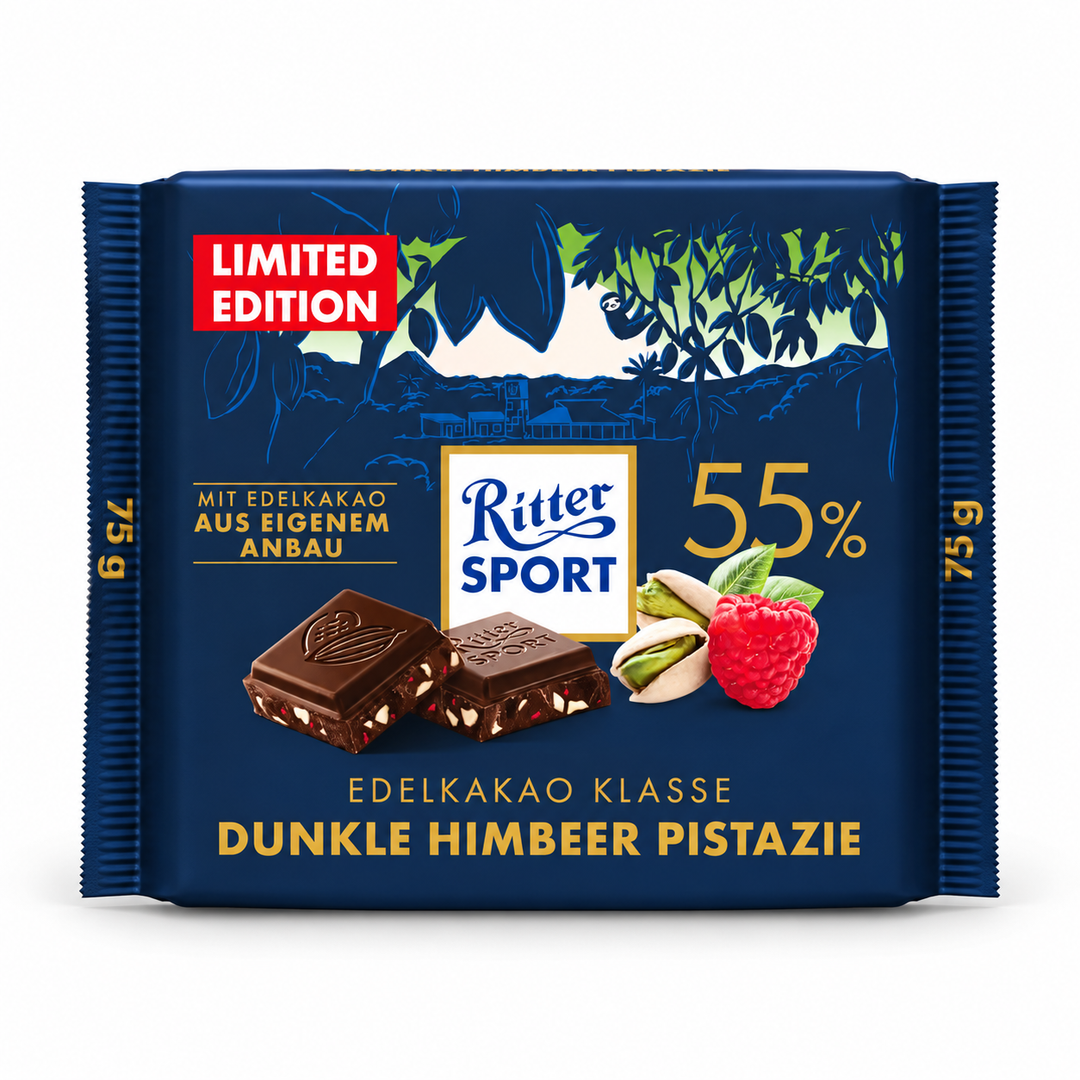 Ritter Sport Fine Cocoa 55% Dark Chocolate with Raspberry & Pistachio - 75g centered on a pure white background