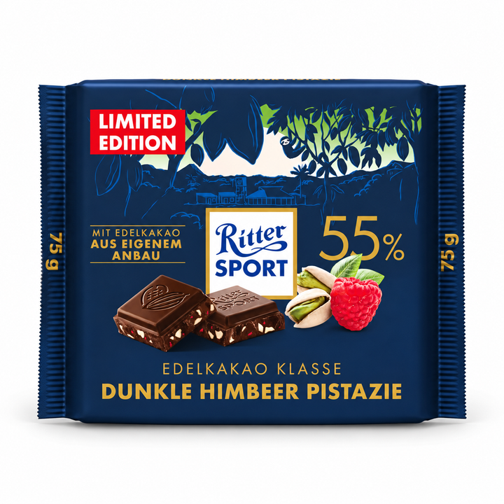 Ritter Sport Fine Cocoa 55% Dark Chocolate with Raspberry & Pistachio - 75g centered on a pure white background