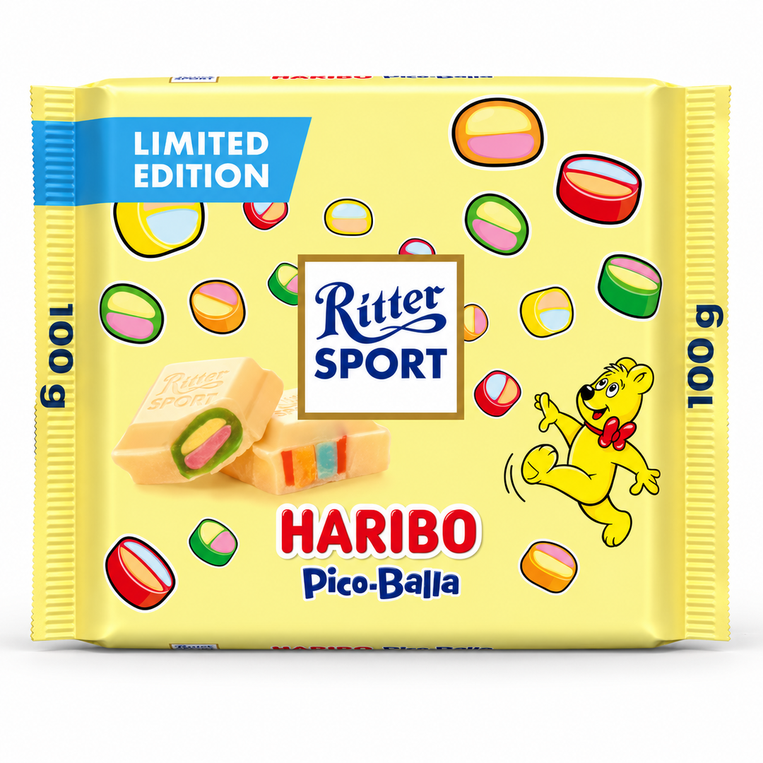 Ritter Sport Haribo Pico-Balla White Chocolate Bar - 100g centered on a pure white background