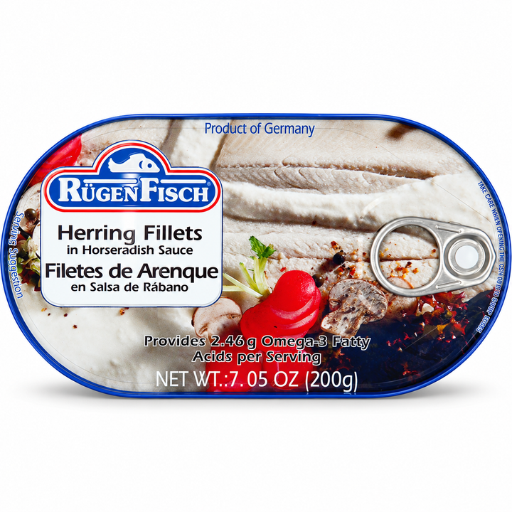 Rügen Fisch herring fillets in horseradish sauce, 200 g tin