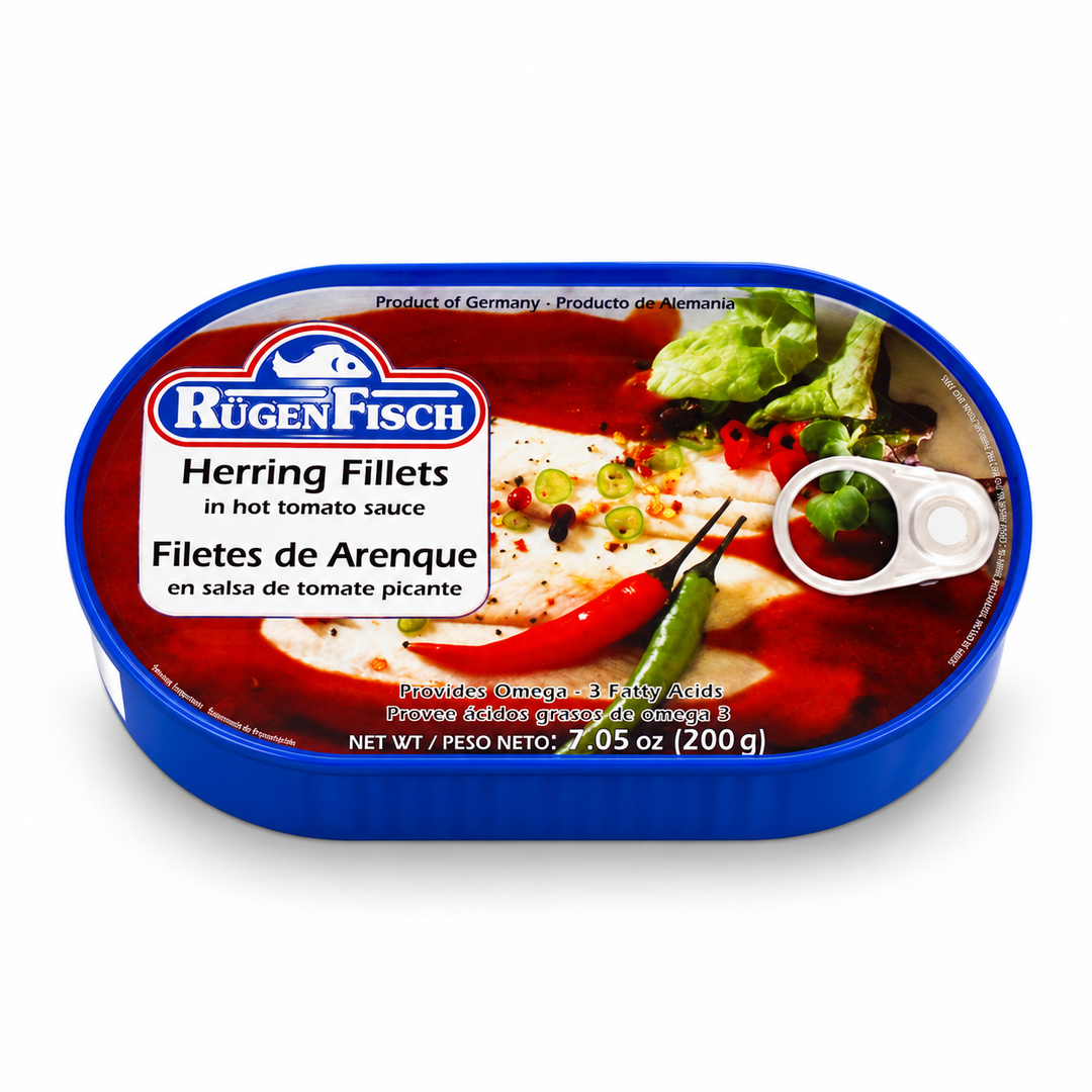 Rügen Fisch herring fillets in hot tomato sauce, 200 g tin front