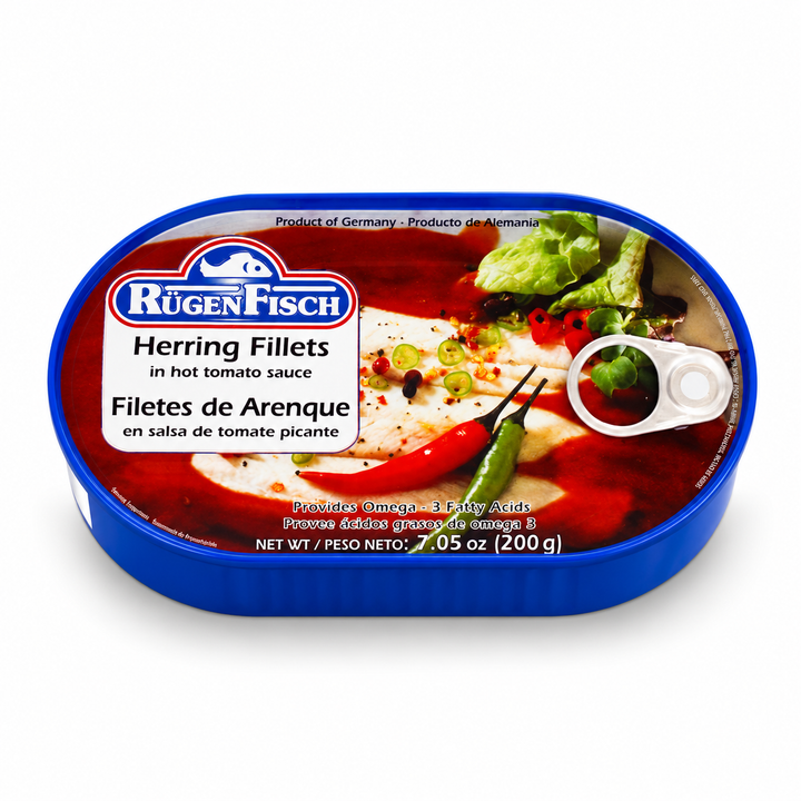 Rügen Fisch herring fillets in hot tomato sauce, 200 g tin front
