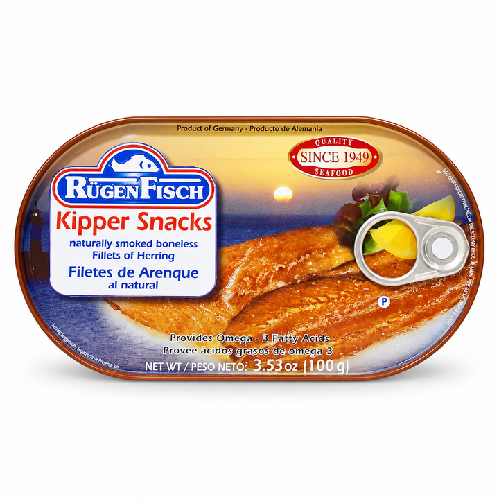 RügenFisch Kipper Snacks smoked herring, 100 g tin, front view