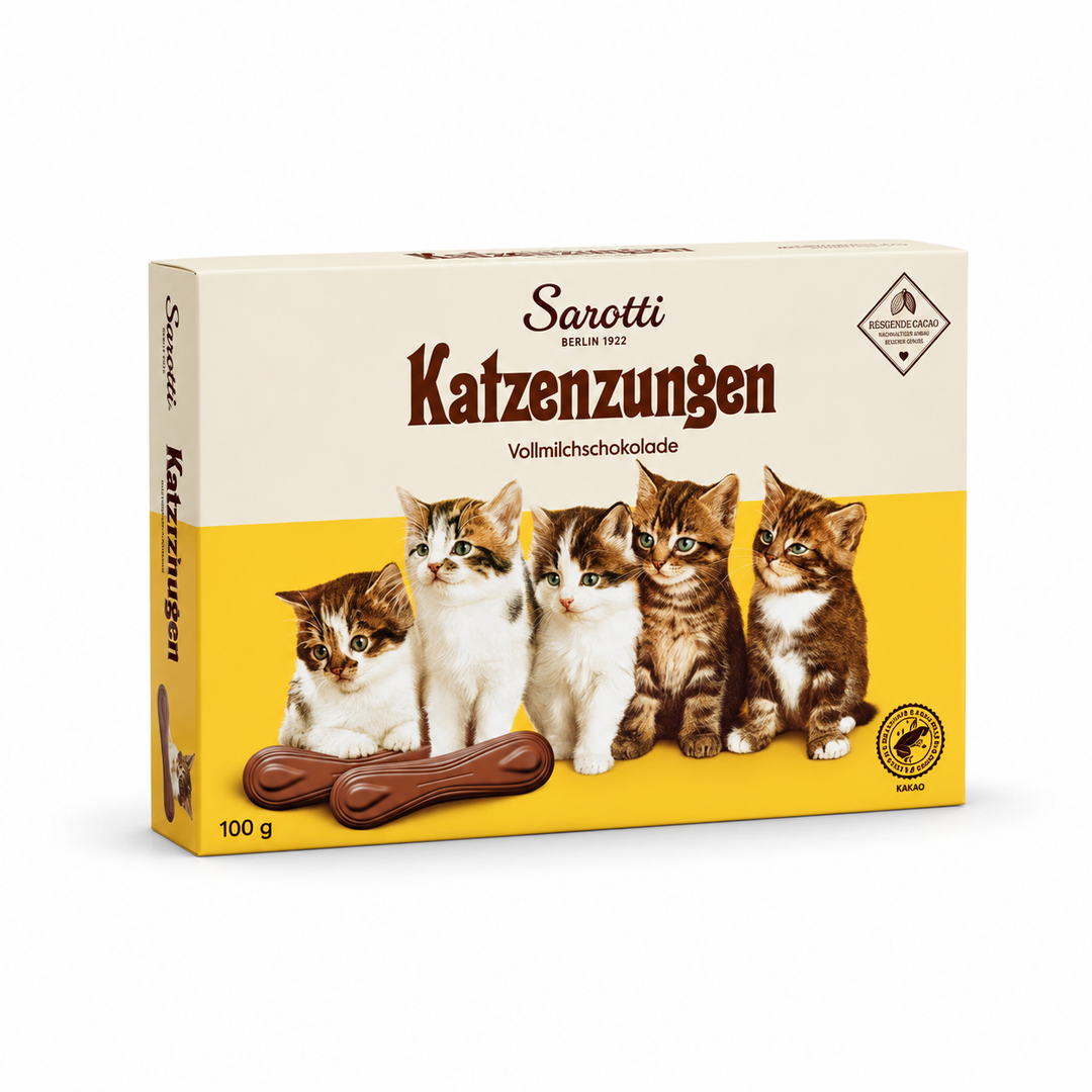 Sarotti Milk Chocolate Cat Tongues 100 g box on white