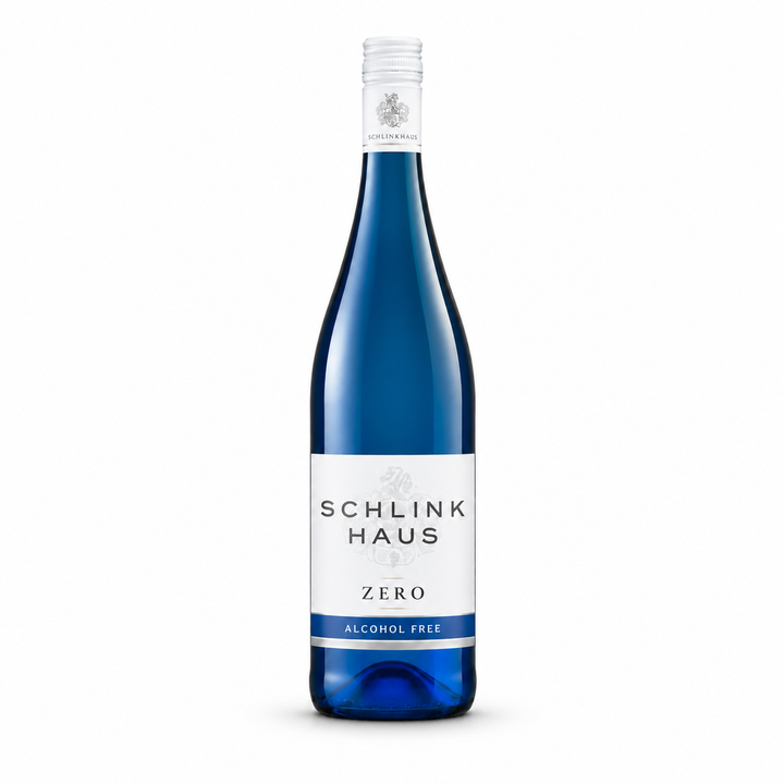 Schlink Haus Zero alcohol-free blue wine bottle on white background