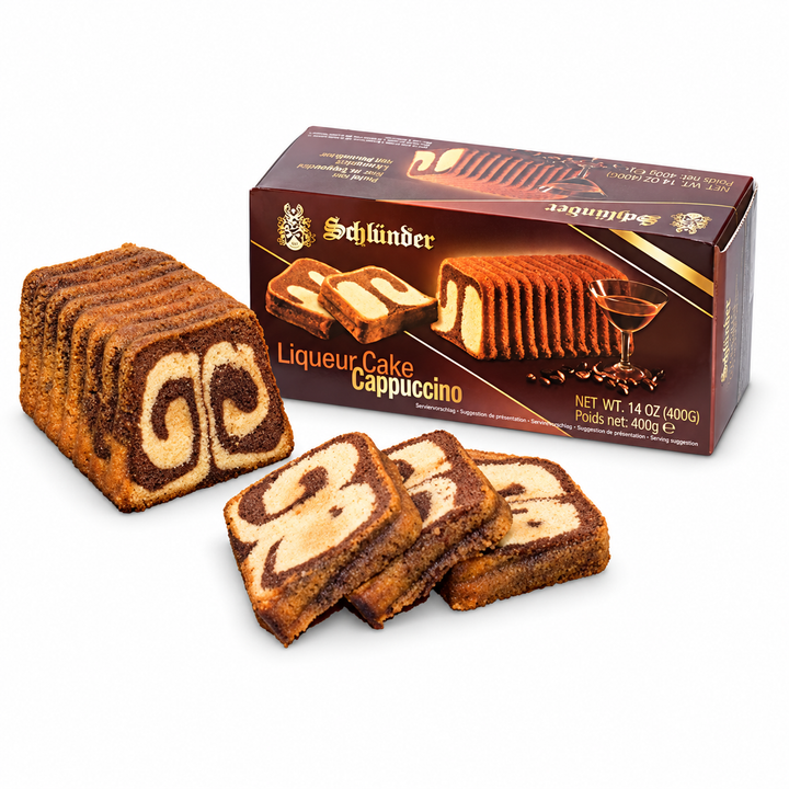 Schlünder Cappuccino liqueur cake 400 g box with sliced cake