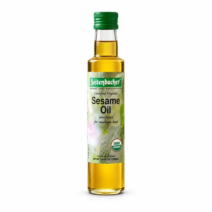 Seitenbacher Organic Sesame Oil bottle, front view