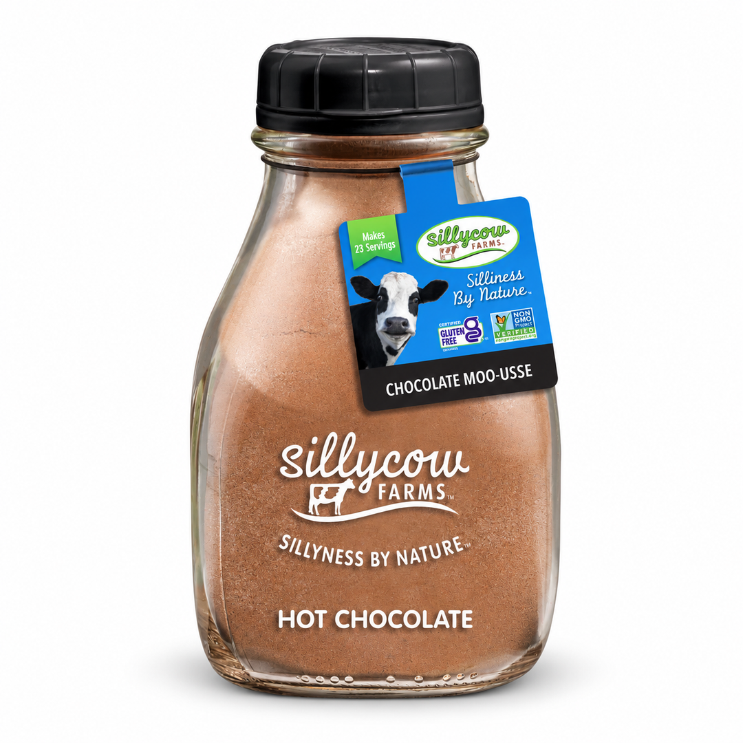Sillycow Chocolate Moo-usse Hot Chocolate Drink Mix centered on a pure white background