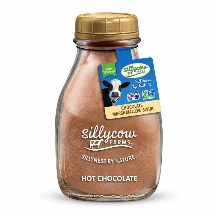 Sillycow Marshmallow Swirl Hot Chocolate Drink Mix centered on a pure white background