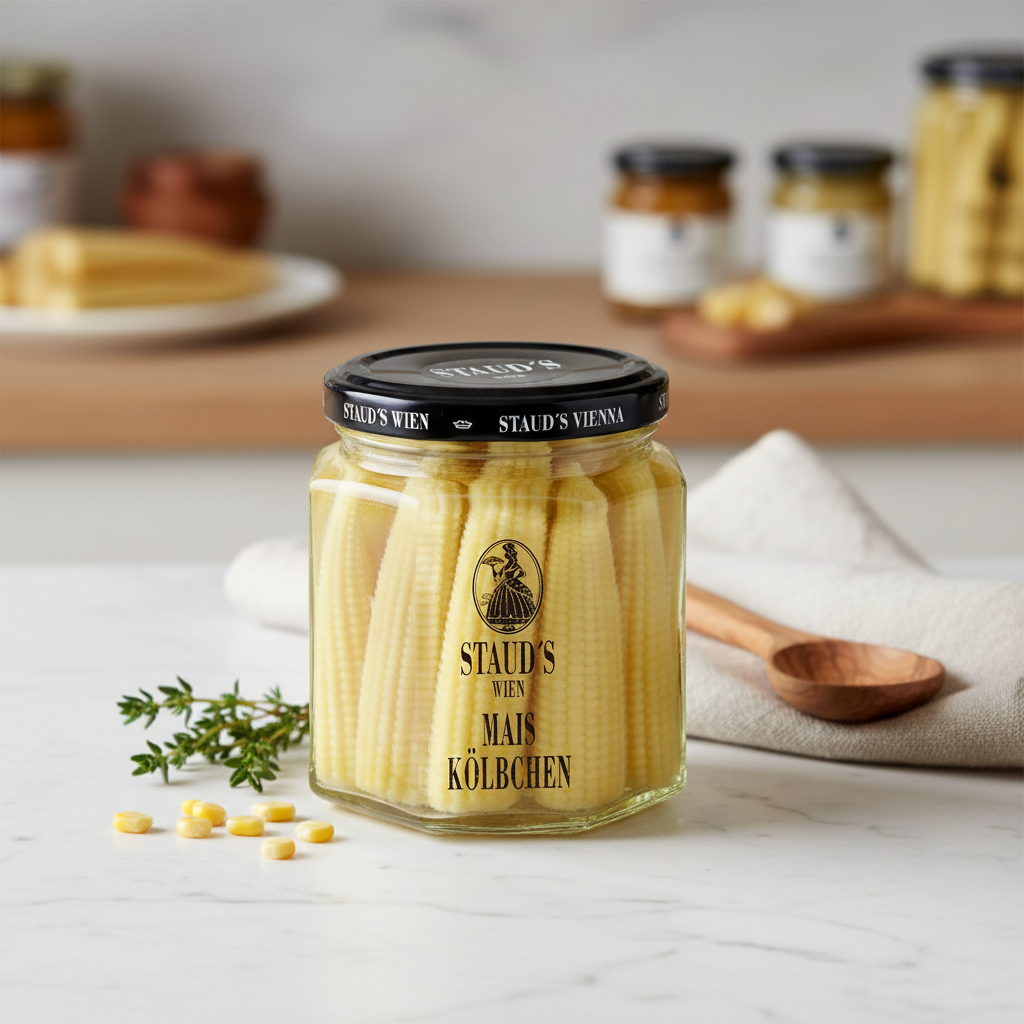Staud's Baby Corn 228 mL jar displayed on a kitchen table