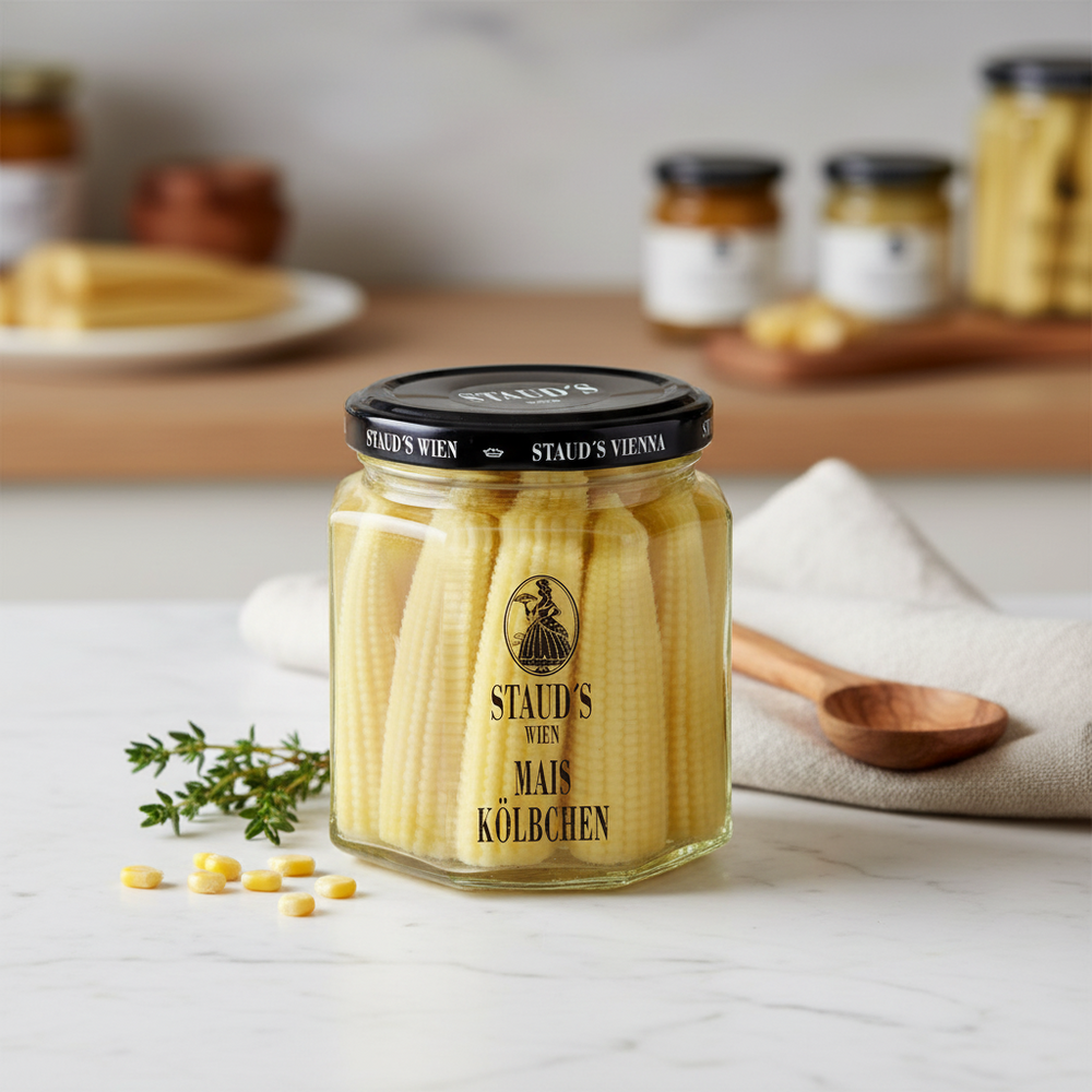 Staud's Baby Corn jar displayed on a kitchen table