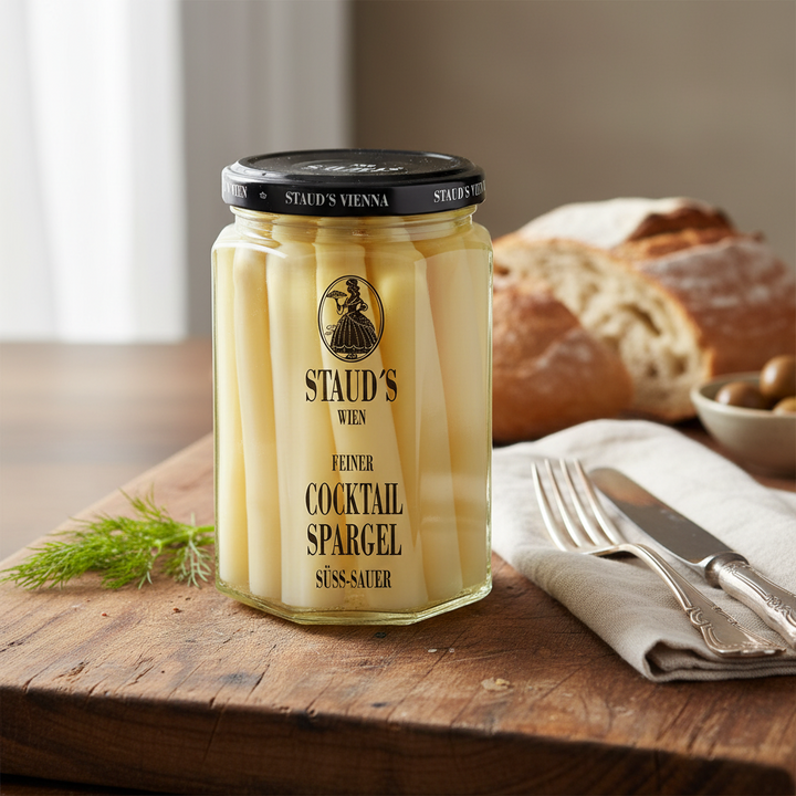 Staud's cocktail asparagus 314 ml jar displayed with bread