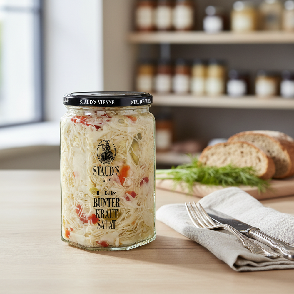 Staud's cabbage salad 314 ml jar displayed with bread